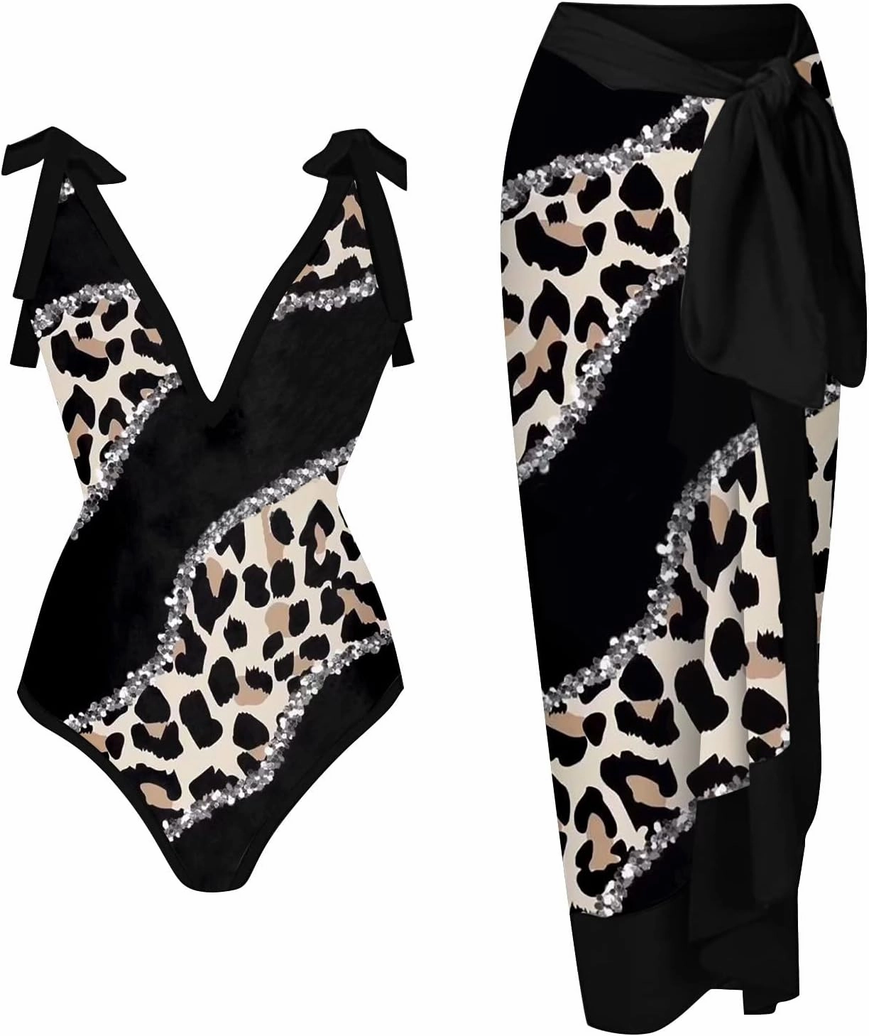ZDRZK Sexy Sparkly One Piece Swimsuit with Beach Coverups Cute Printed Push Up Bikini Set Two Piece Wrap Skirt Bathing Suit