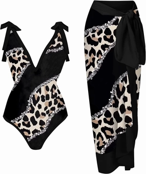 ZDRZK Sexy Sparkly One Piece Swimsuit with Beach Coverups Cute Printed Push Up Bikini Set Two Piece Wrap Skirt Bathing Suit