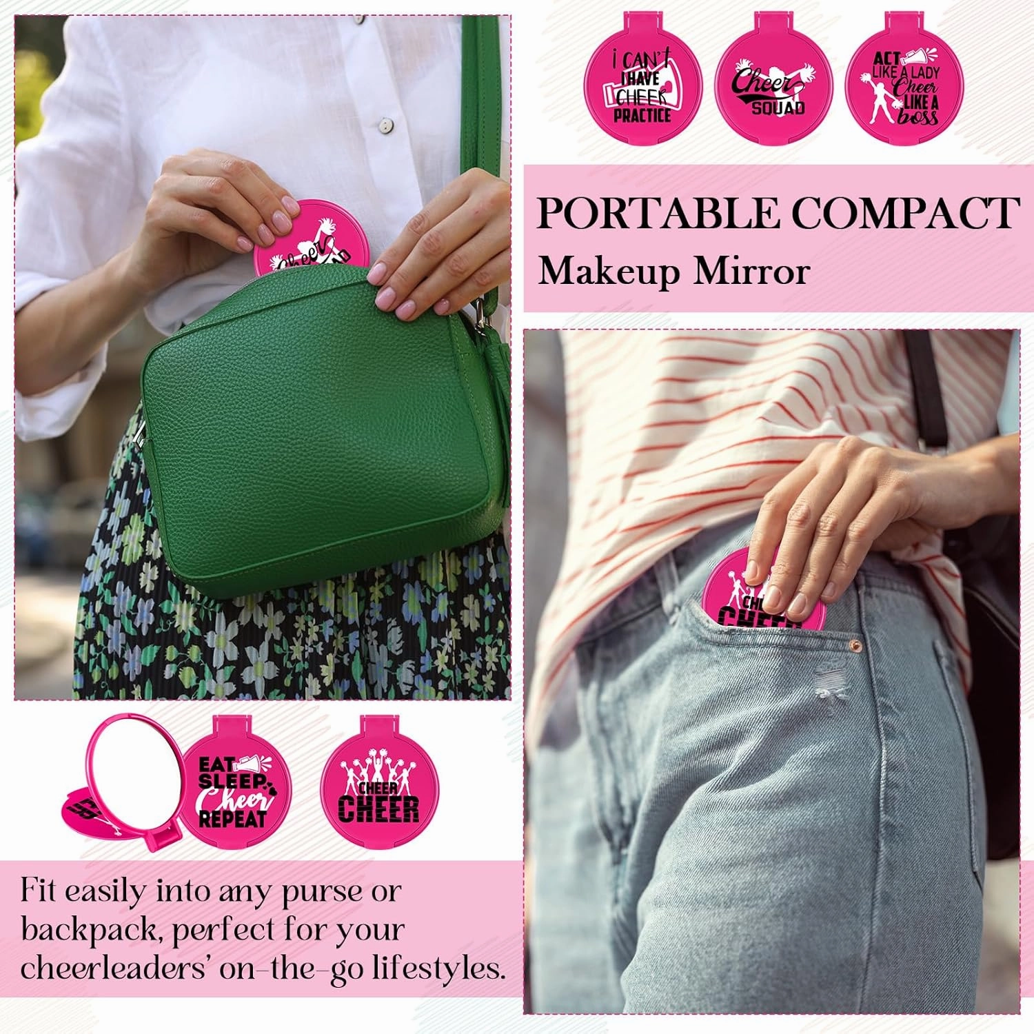 Zhehao 50 Pcs Cheerleader Mirror Gifts Compact Mirror Bulk Folding Pocket Purse Mirror Inspirational Cheer Gifts Travel Portable Mini Makeup Mirror for Cheerleading Team Graduation Friendship(Pink)