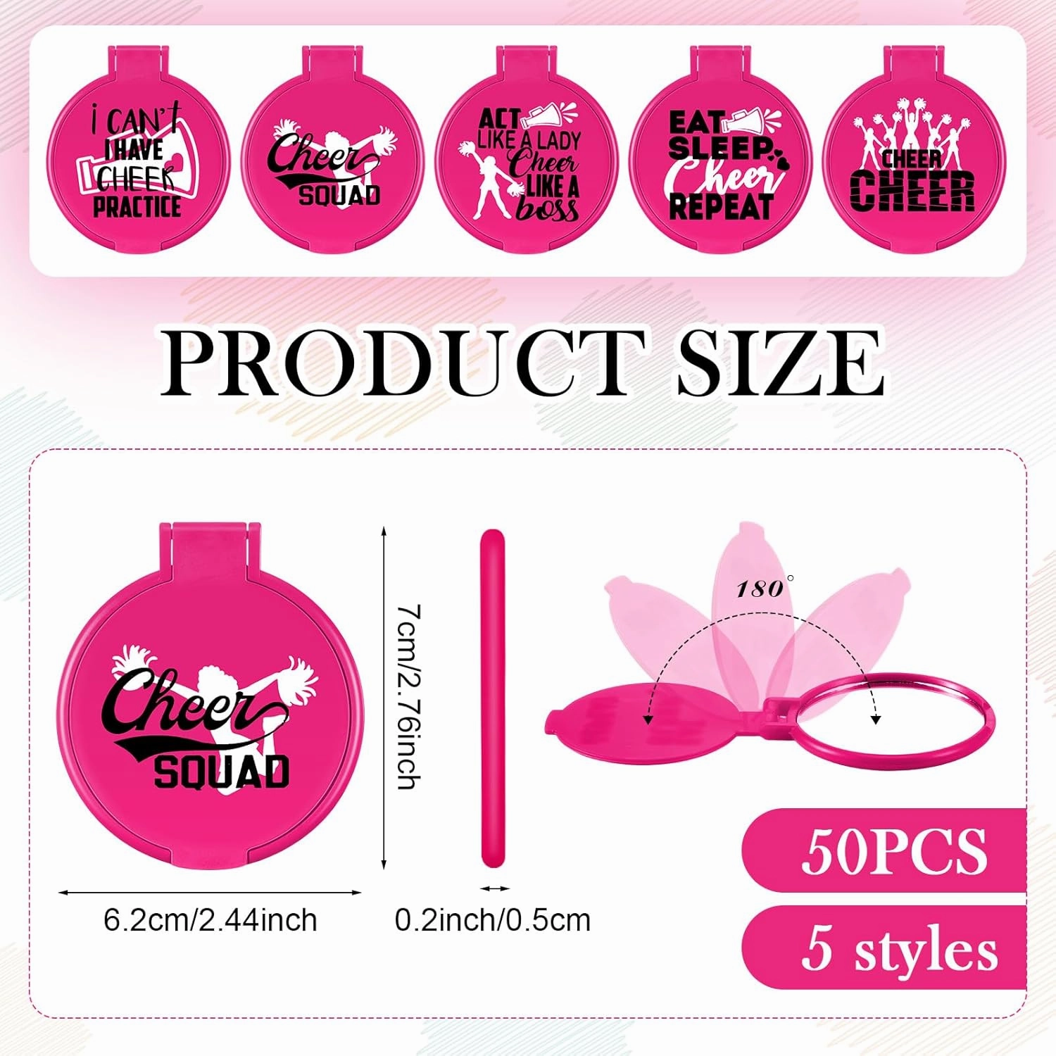 Zhehao 50 Pcs Cheerleader Mirror Gifts Compact Mirror Bulk Folding Pocket Purse Mirror Inspirational Cheer Gifts Travel Portable Mini Makeup Mirror for Cheerleading Team Graduation Friendship(Pink)