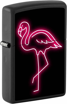 Zippo Lighter: Pink Flamingo in Neon - Black Matte 81388