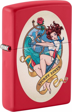 Zippo Lighter: Stormy Lover Tattoo, Pin-up Girl - Red Matte 46058