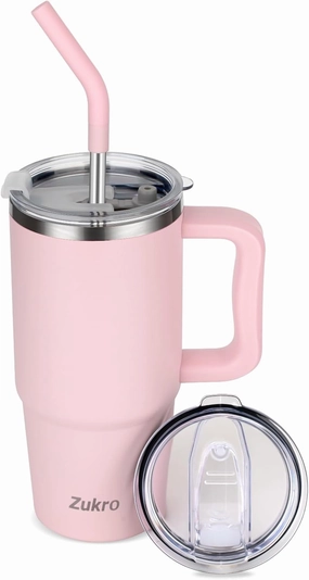 Zukro 24 oz Tumbler with Handle and Straw, Insulated Coffee Travel Mug with 2 Lids, Keep Drinks Hot and Cold, No Sweat Leak Proof Stainless Steel Cup, Dishwasher Safe, Pink